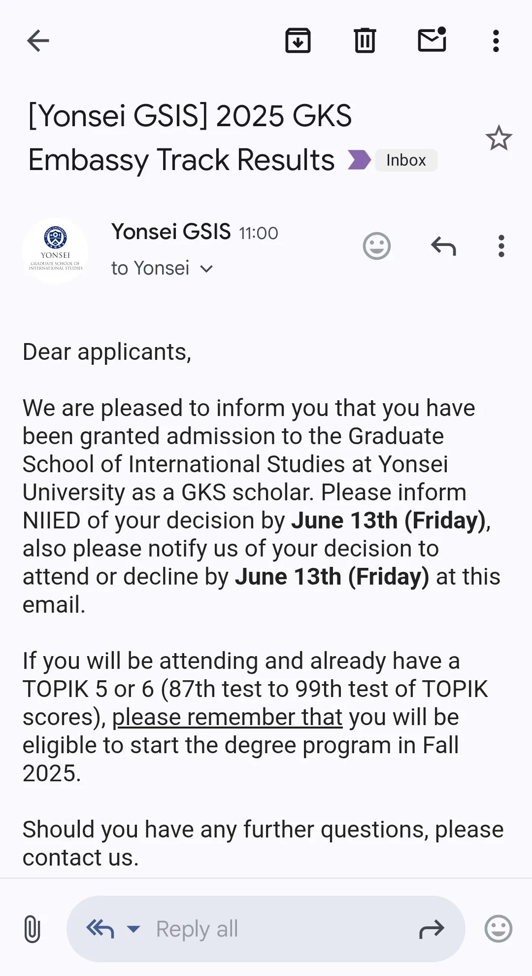 Yonsei University acceptance email