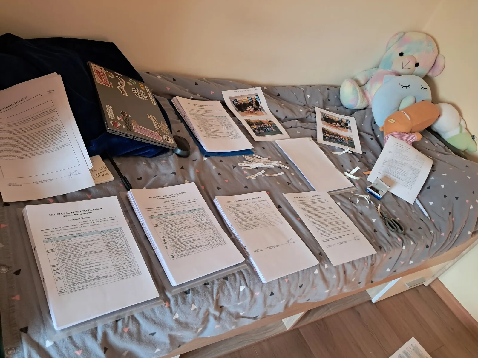 GKS application paperwork spread across a bed