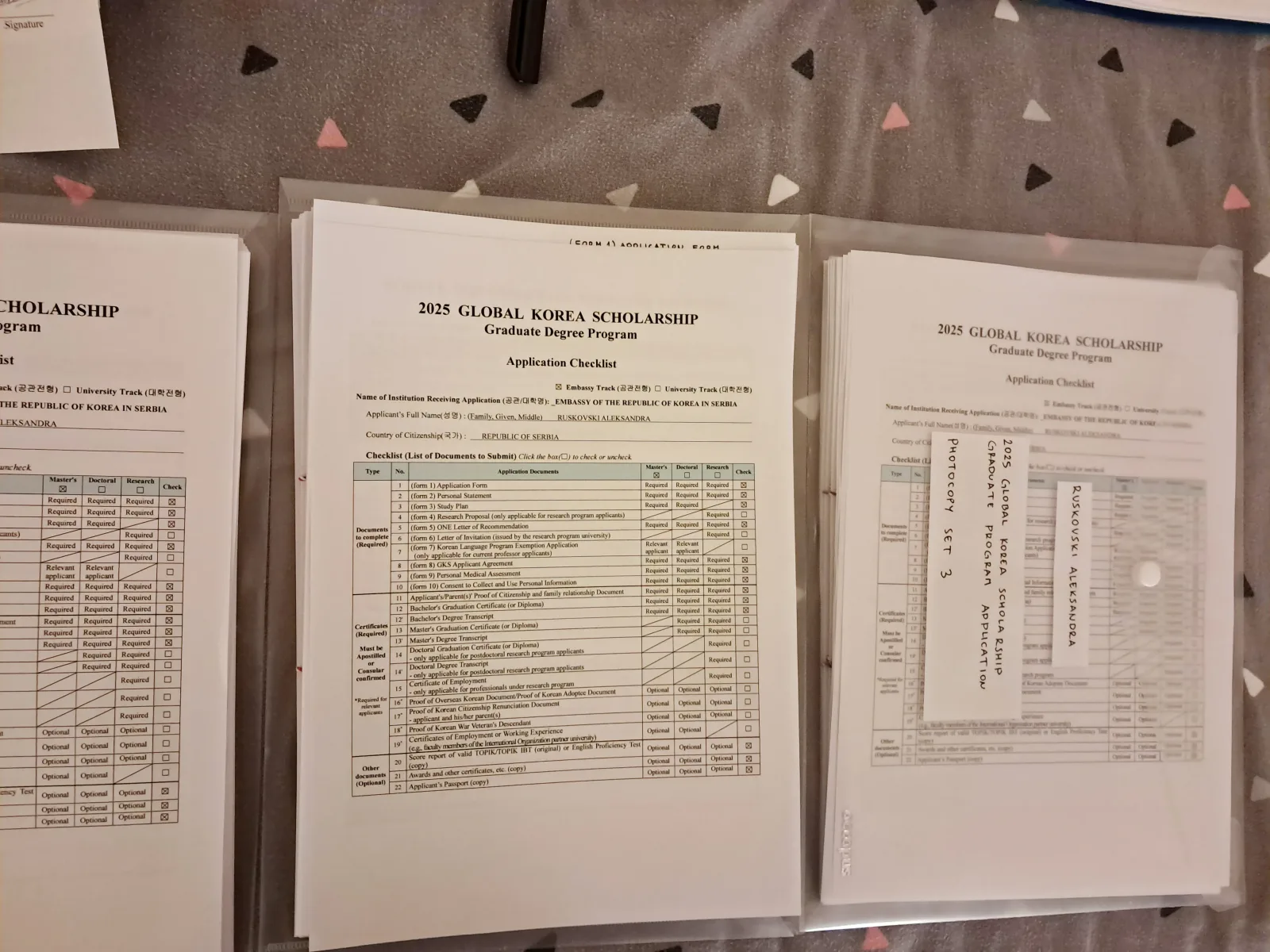 Three prepared sets of GKS application documents